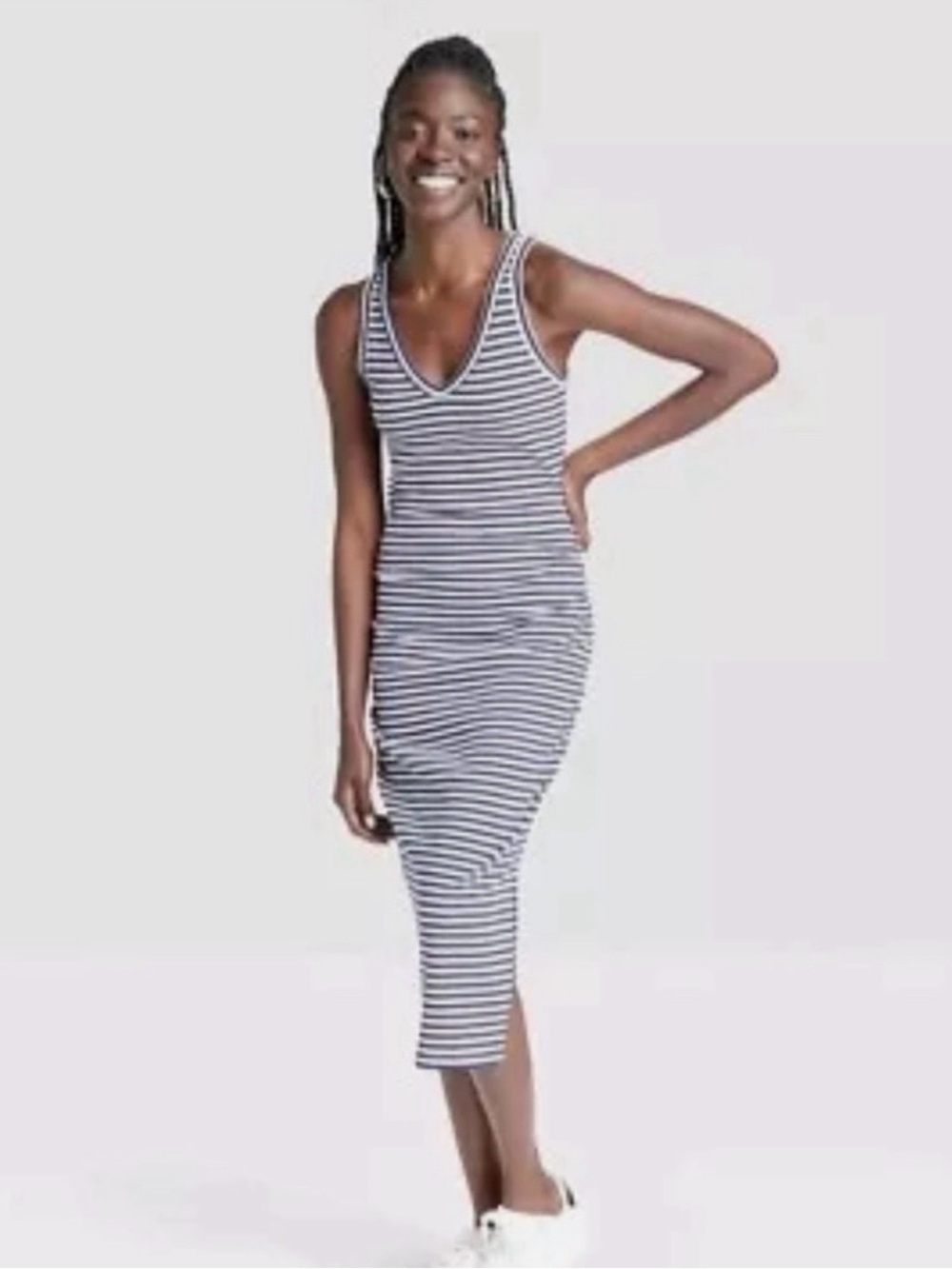 a new day Navy and White Striped Rib Knit V-Neck Soft Stretchy Tank Midi Dress